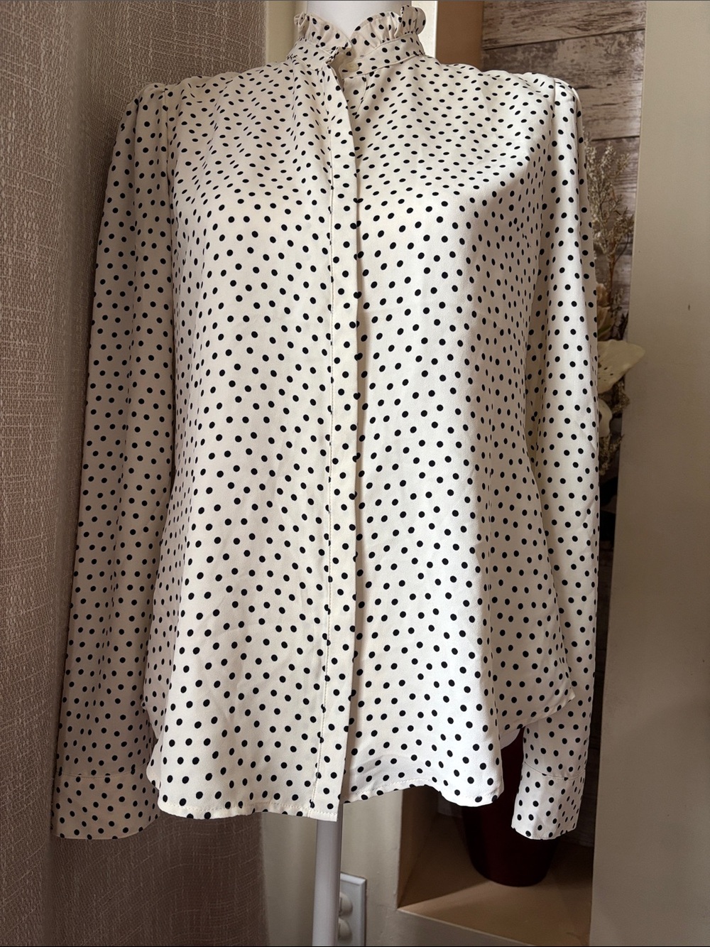Express White Polka Dot Ruffle Neck Blouse